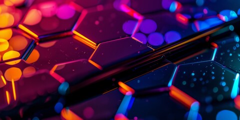 Futuristic Hexagon Mesh Neon Grids and Luminous Sfumato on Dark Green and Orange Abstract Background