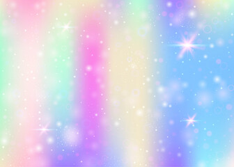 Holographic background with rainbow mesh. Multicolor universe banner in princess colors. Fantasy gradient backdrop with hologram. Holographic magic background with fairy sparkles, stars and blurs.