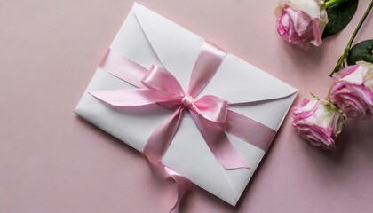 White envelope with a pink ribbon on a light pink table, top view 