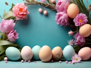 Naklejka na ściany i meble Happy Easter Holiday blue backround easter eggs and flowers scene Greeting cards