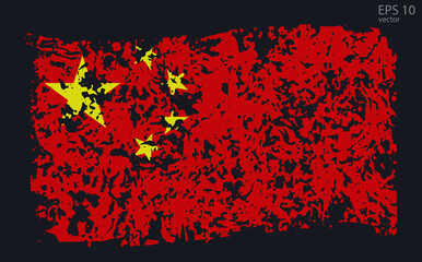 Vector flag of China. Vector illustration with cracks and abrasions.