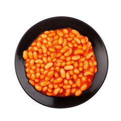 Black plate of baked beans in tomato sauce isolated on transparent or white background, png