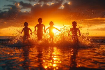 Silhouettes of children playing in the sea at sunset