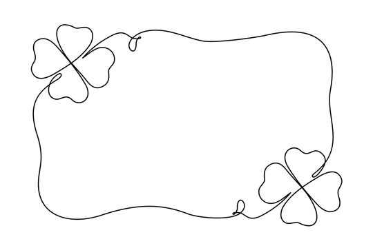 Four leaf clover frame single line drawing. Black and white Saint Patrick's Day minimal shamrock background. Vector illustration.