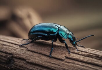 Close-up of a shiny blue beetle on a wooden surface in a forest with a blurred background - obrazy, fototapety, plakaty