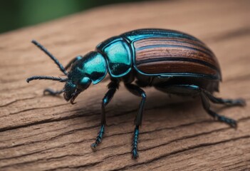 Close-up of a shiny blue beetle on a wooden surface in a forest with a blurred background