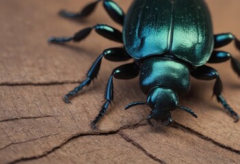 Close-up of a shiny blue beetle on a wooden surface in a forest with a blurred background