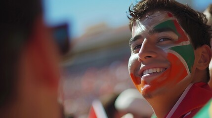 Excited portugal fan with face paint, supporting team at stadium, blurred background with text space