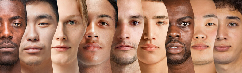 Collage made of cropped close-up portraits of different young men of various age and nationality,...