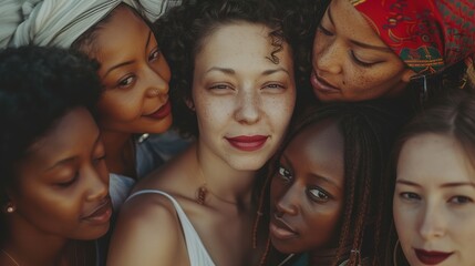 Fototapeta premium Group of multiethnic women with different hairstyles posing in studio. Generative Ai. 