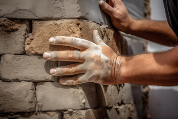 Hands of construction worker building exterior wall