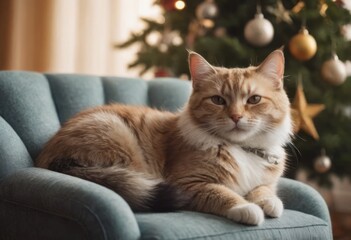 Adorable Cat Enjoying Holiday Season in Cozy Armchair Next to Beautifully Decorated Christmas Tree