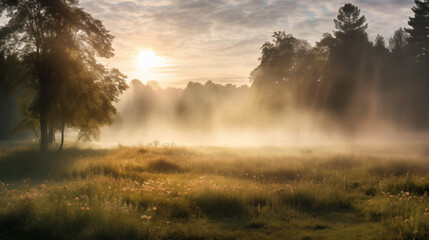 Beautiful Sunrise with Mist in a Countryside