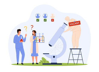Lack of scientists and laboratory technicians, urgent labor shortage. Tiny people in chemist uniforms standing near microscope with cobweb, silhouette of wanted colleague cartoon vector illustration