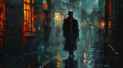 Noir Rain - Mysterious Figure in the City Shower Art