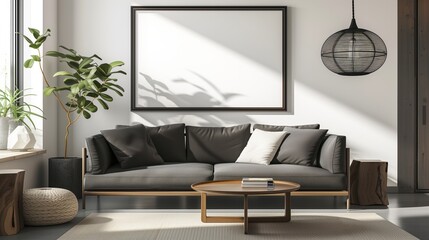 A serene minimalist living room, with a sleek charcoal sofa and a sunlit large wall frame mockup, offers a blank canvas for artistic expression against a backdrop of gentle shadows