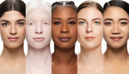 Different nationality and beauty standards. Collage of five women with varying skin tones and...