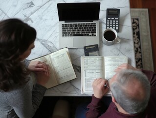 Naklejka premium A couple discussing their monthly expenses and budgeting goals at the kitchen table with notebooks and calculators