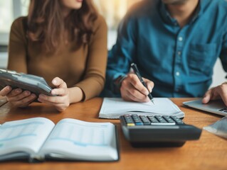 A couple discussing their monthly expenses and budgeting goals at the kitchen table with notebooks and calculators - Powered by Adobe