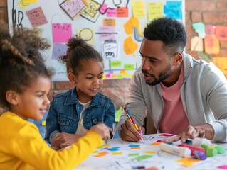 Fototapeta premium A family reviewing their budget plan for the year ahead, with sticky notes and markers on a whiteboard filled with financial goals