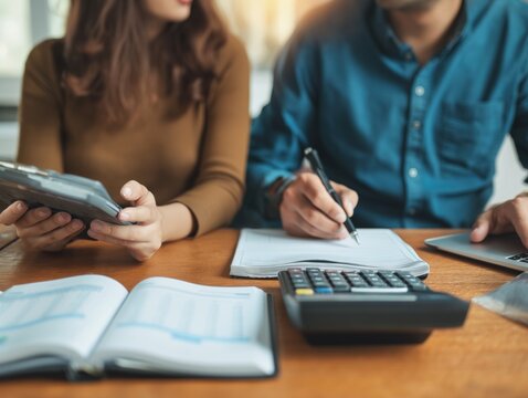 A couple discussing their monthly expenses and budgeting goals at the kitchen table with notebooks and calculators