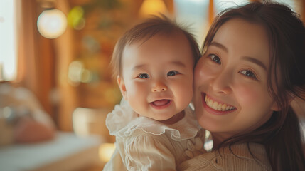Portrait of asian mother holding her baby in the kitchen.