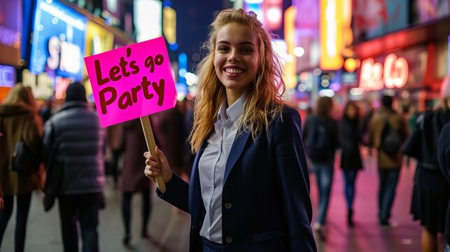 Happy woman in suit holding a  let s go party  sign, bright image with blurred night city background