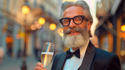Portrait of a fashionable handsome 60-year-old adult man in a tuxedo and bow tie holding a glass of champagne against the background of the street. - obrazy, fototapety, plakaty
