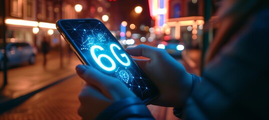 Interactive holographic 6g shining text icon displayed over a mobile phone screen in hands
