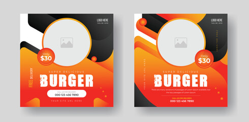 Burger food post online advertising promotion banner business vector layout design with colorful gradient shape and element.