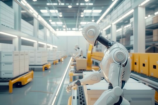 Robot Worker in Action, Automated Logistics in a Modern Warehouse