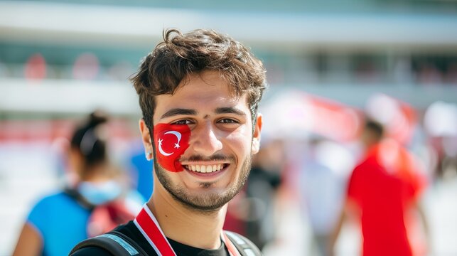 Turkey flag colored face painted fan cheering at sports event with blurry stadium background