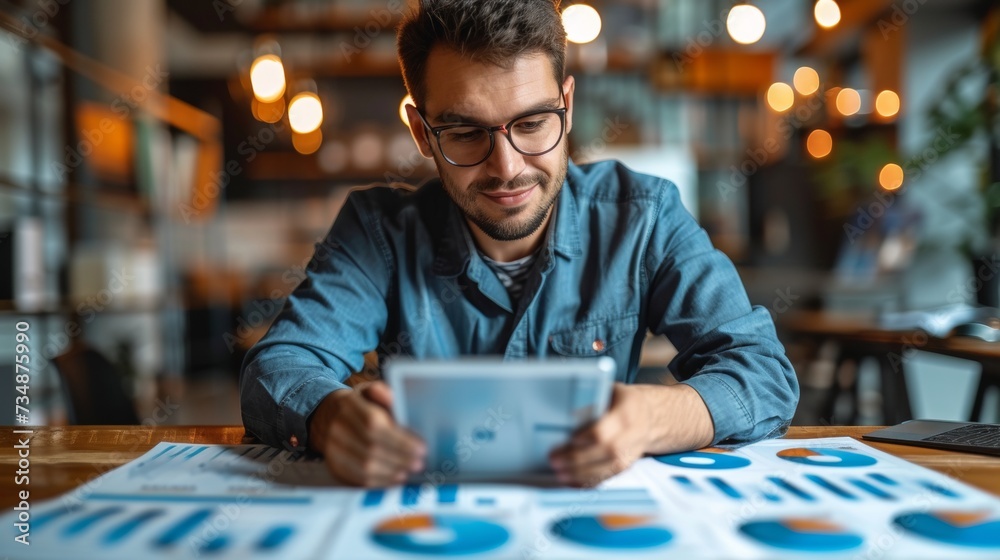 Poster on isolated studio background of asian man with digital tablet searching for finance app, fintech in