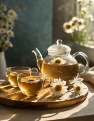 Obraz na płótnie Canvas teapot and cup of tea with camomile flowers