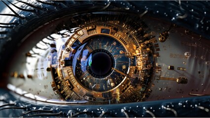 Closeup of a robotic human eye with a blue and golden iris and long dark eyelashes. AI-generated.