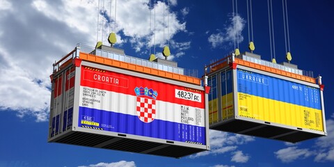 Shipping containers with flags of Croatia and Ukraine - 3D illustration