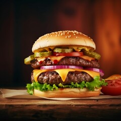 Double burger with lettuce, tomato, onion and American cheese on counter. AI generated digital art