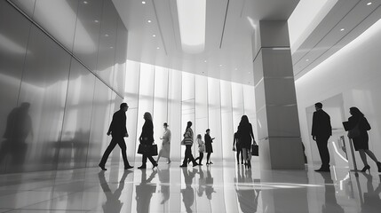 business people activity standing and walking in the lobby motion blurred black and white : Generative AI - obrazy, fototapety, plakaty