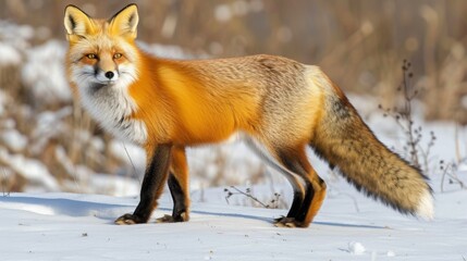 Vibrant red fox in snowy winter forest, wildlife animal in natural habitat with blurred background