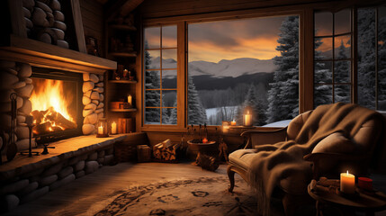 Rustic Log Cabin Fireplace in Snowy Forest - obrazy, fototapety, plakaty