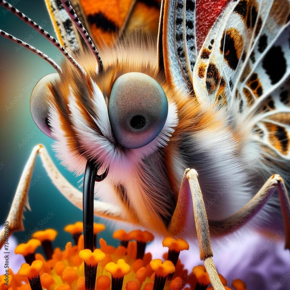 Wall mural An AI illustration of a close up shot of a small colorful butterfly eating nectar