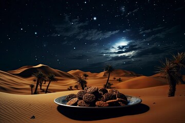 Dates in a plate in a desert dune. Starry sky with a half moon sky lit with generative ai