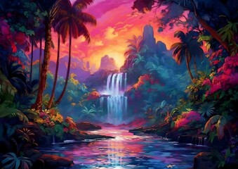 oil on canvas painting of a tropical jungle scene featuring a beautiful waterfall