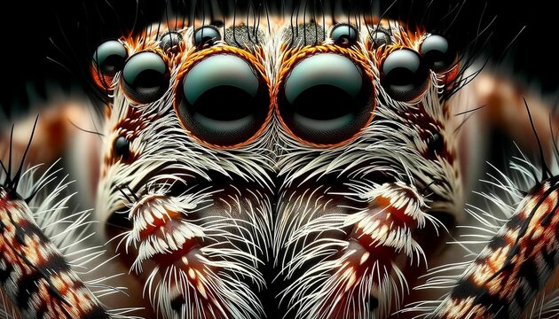 An AI illustration of an image of a spider's face from above looking at the camera