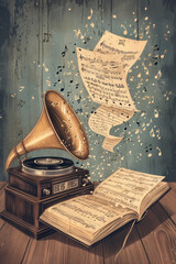 Melodic Echoes - Phonograph and Musical Notes Art Print