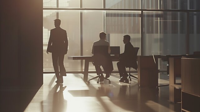 Businessmen walking with colleagues sitting at desk in office : Generative AI