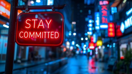 Stay committed motivational text on blurred background, success concept in defocused backdrop. - obrazy, fototapety, plakaty