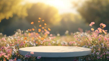 Fototapete Wiese, Sumpf Blank product display podium with summer flowers field meadow on background. Beauty skincare cosmetics presentation. Organic natural concept.