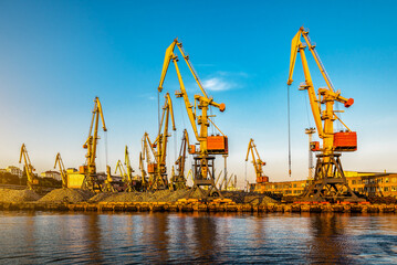 Industrial yellow port cranes at sunset