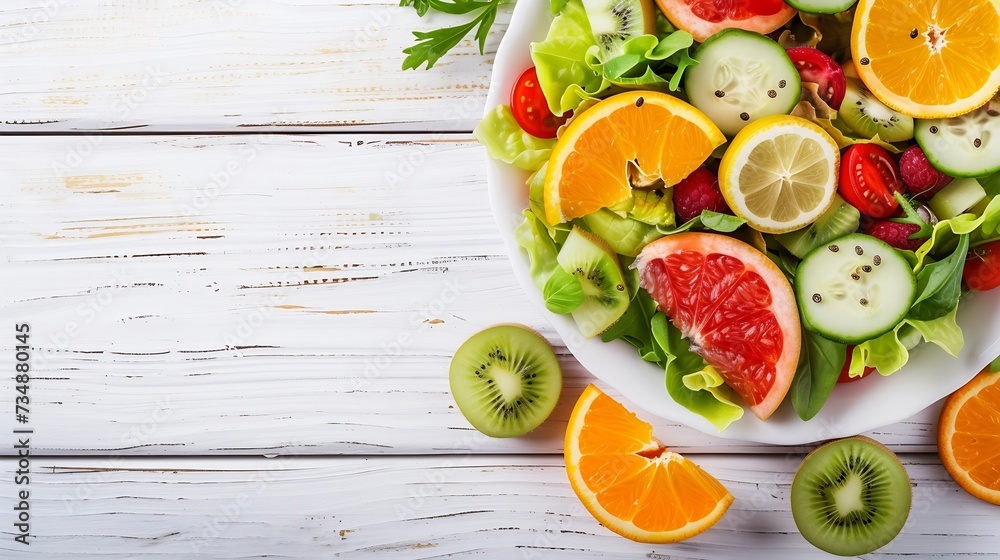 Poster fresh salad with fruits and greens on white wooden background top view with space for text. healthy 